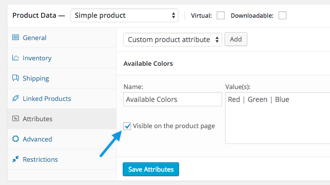 The attributes setting on a WooCommerce Product Settings Page