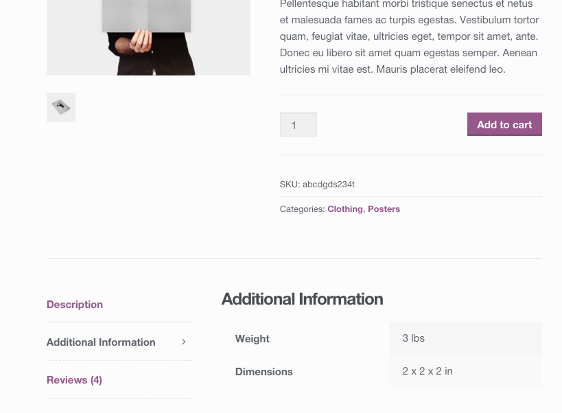 A website screenshot showing product shipping information on a woocommerce product page