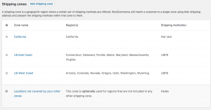 A screenshot of shipping zones in WooCommerce